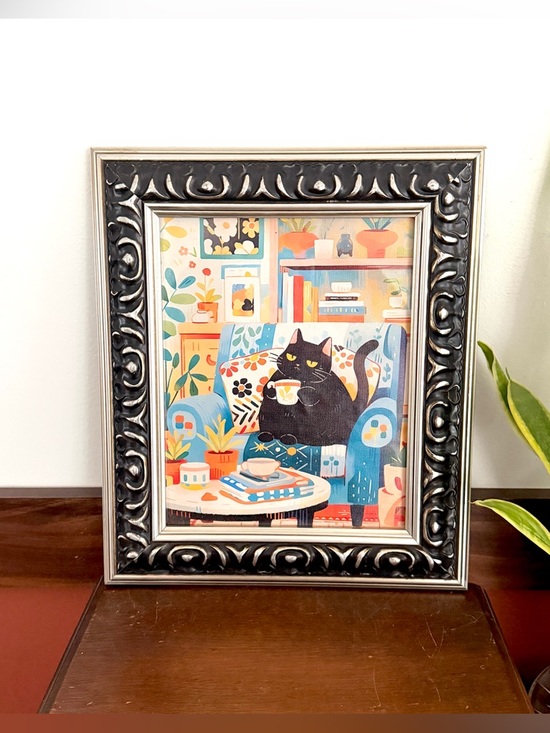 Other - Cozy Black Cat Bookshelf Reading Books Coffee Floral Canvas Art Print Framed Art
